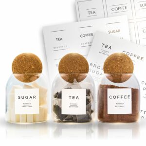 3 x Tea Coffee Sugar Canisters – Set of 3 Unique Cork Ball Glass Jars – (500ML)